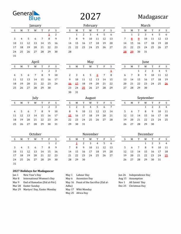 Madagascar Holidays Calendar for 2027