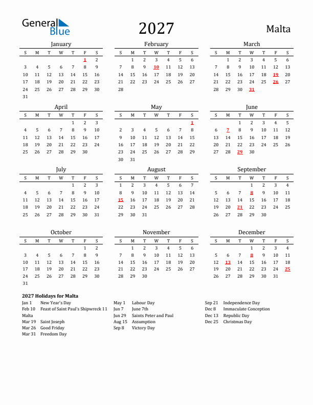 Malta Holidays Calendar for 2027