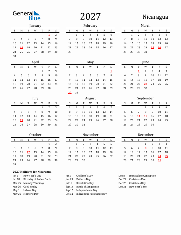 Nicaragua Holidays Calendar for 2027