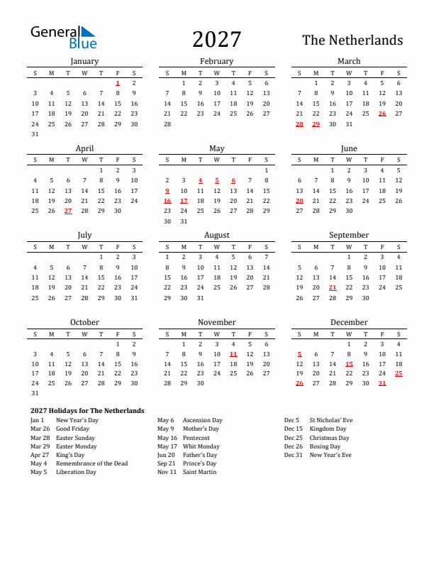 The Netherlands Holidays Calendar for 2027