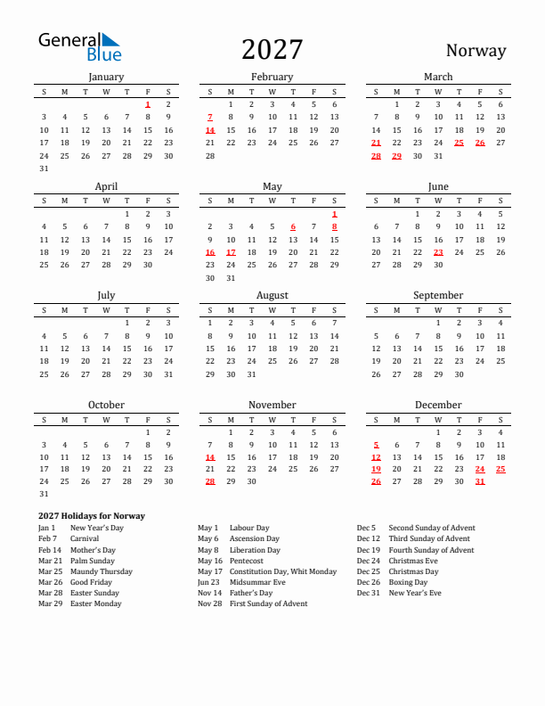 Norway Holidays Calendar for 2027