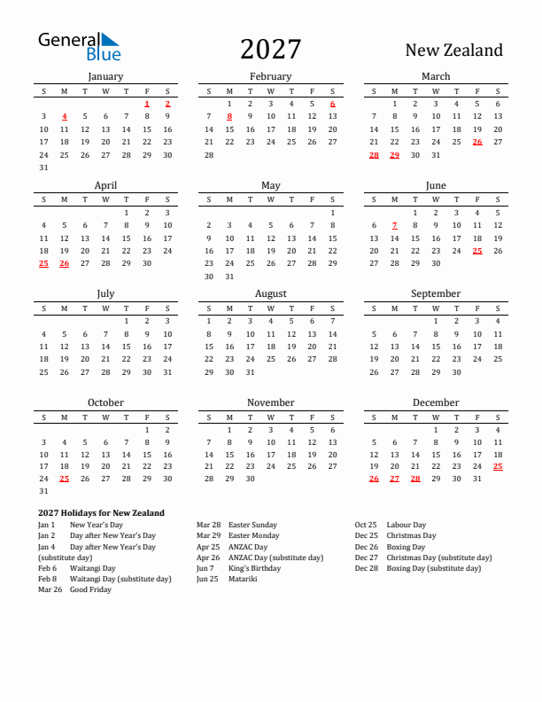 New Zealand Holidays Calendar for 2027