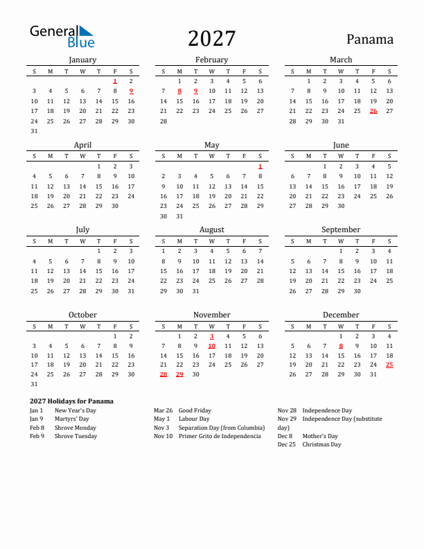 Panama Holidays Calendar for 2027