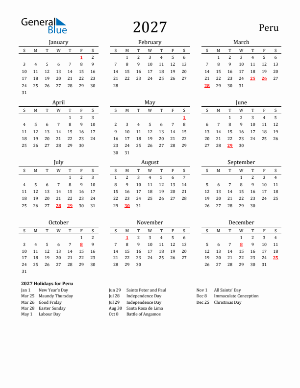 Peru Holidays Calendar for 2027