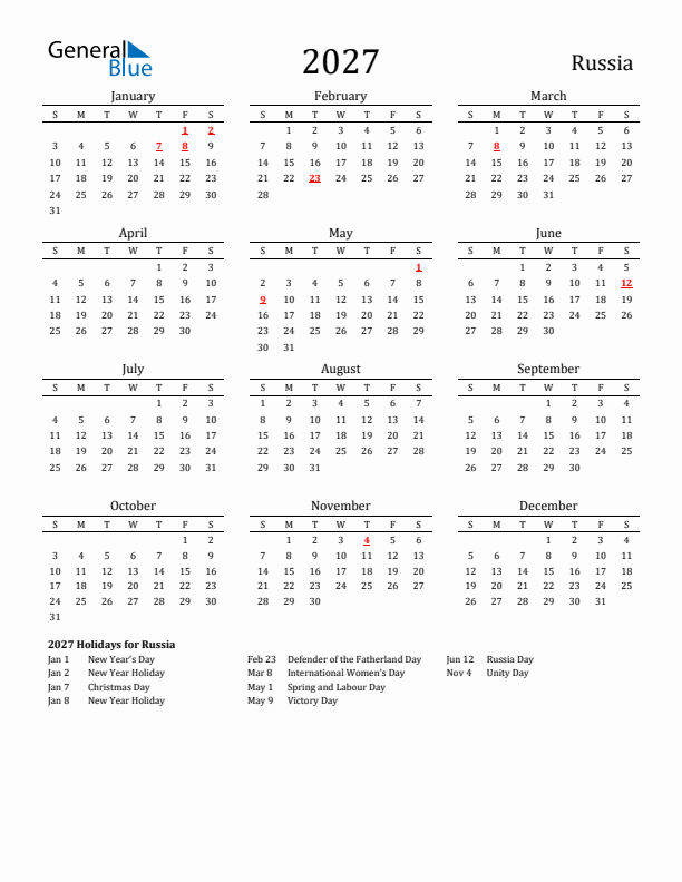 Russia Holidays Calendar for 2027