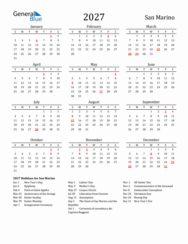 San Marino Holidays Calendar for 2027