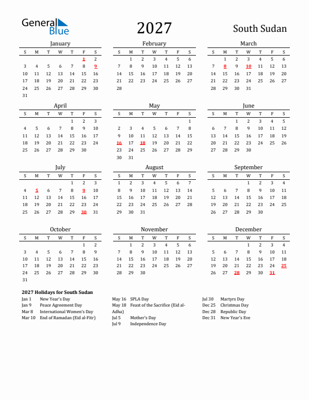 South Sudan Holidays Calendar for 2027