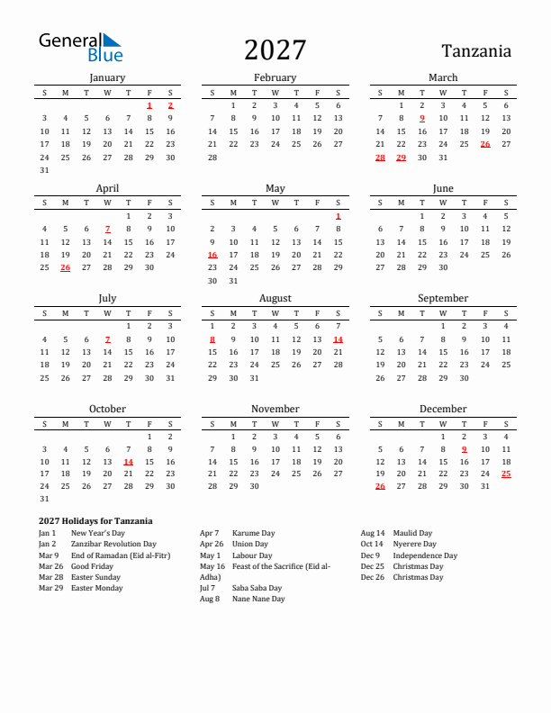 Tanzania Holidays Calendar for 2027