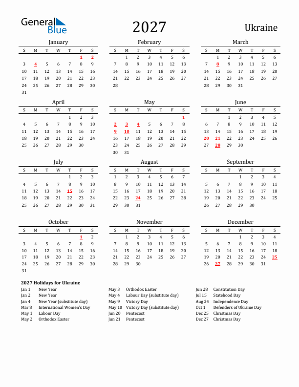 Ukraine Holidays Calendar for 2027