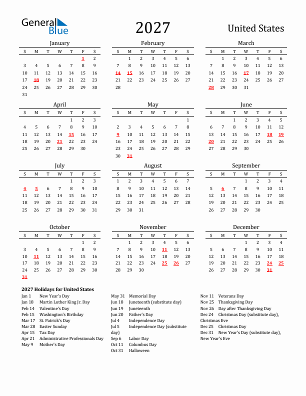 United States 2027 Calendar with Holidays