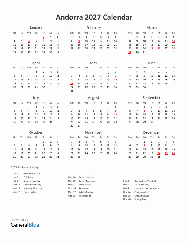 2027 Yearly Calendar Printable With Andorra Holidays