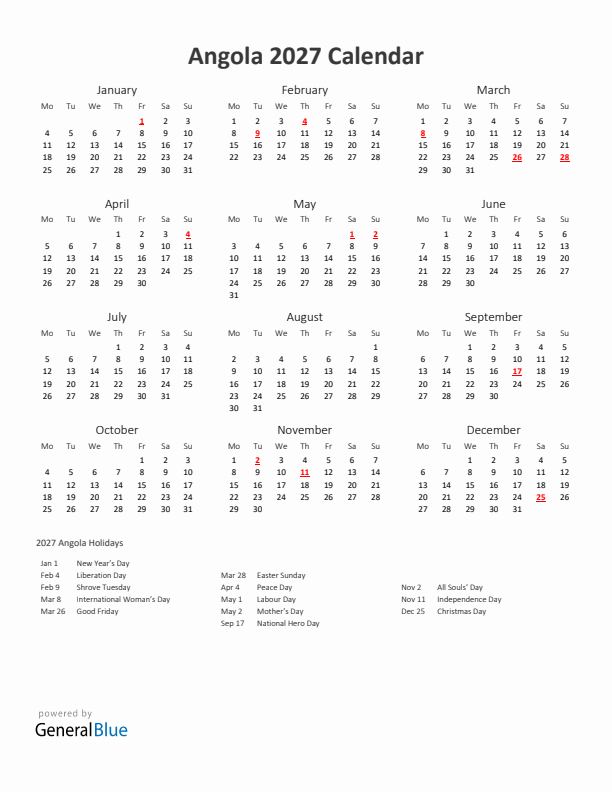 2027 Yearly Calendar Printable With Angola Holidays