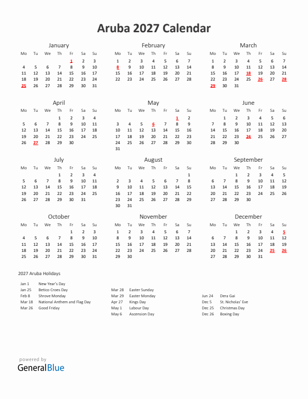 2027 Yearly Calendar Printable With Aruba Holidays