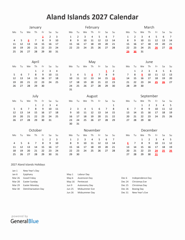 2027 Yearly Calendar Printable With Aland Islands Holidays