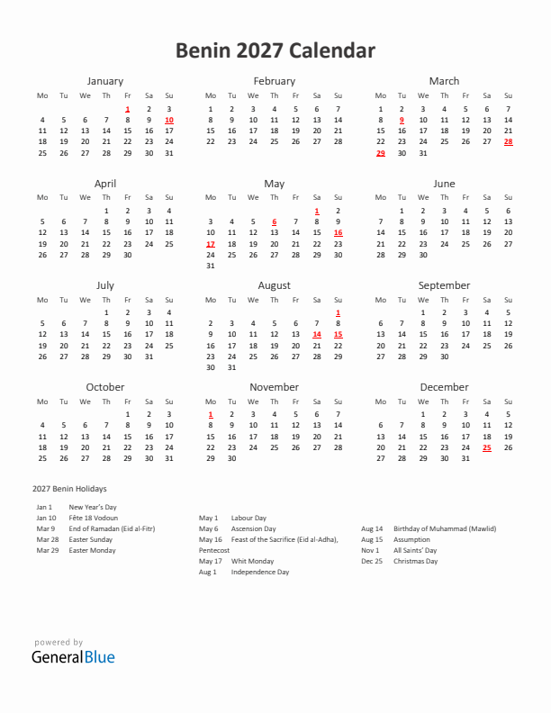 2027 Yearly Calendar Printable With Benin Holidays