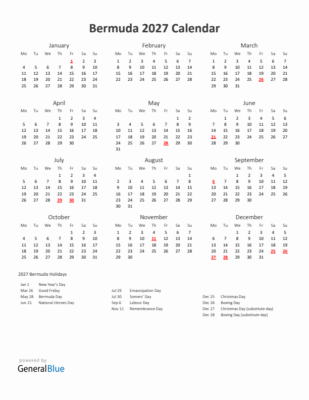 2027 Yearly Calendar Printable With Bermuda Holidays