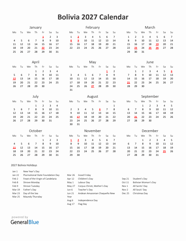 2027 Yearly Calendar Printable With Bolivia Holidays