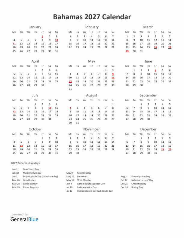 2027 Yearly Calendar Printable With Bahamas Holidays