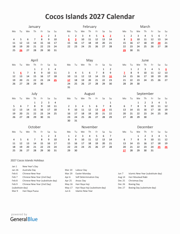 2027 Yearly Calendar Printable With Cocos Islands Holidays