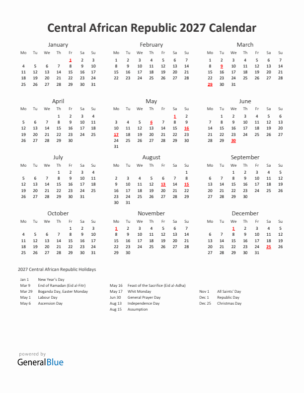 2027 Yearly Calendar Printable With Central African Republic Holidays