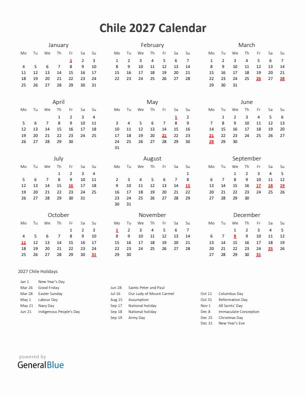 2027 Yearly Calendar Printable With Chile Holidays