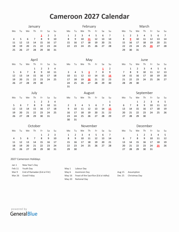 2027 Yearly Calendar Printable With Cameroon Holidays