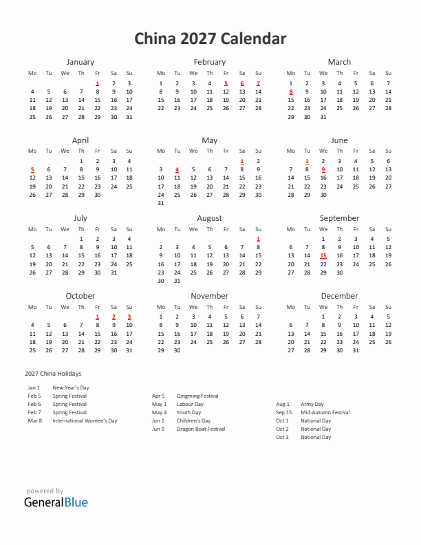 2027 Yearly Calendar Printable With China Holidays