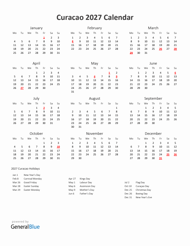 2027 Yearly Calendar Printable With Curacao Holidays