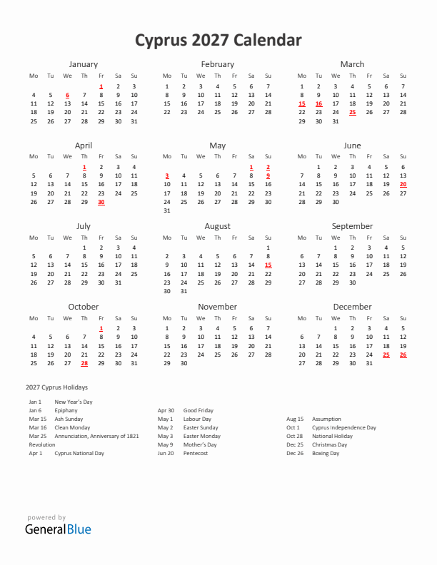 2027 Yearly Calendar Printable With Cyprus Holidays