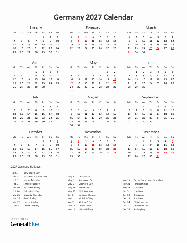 2027 Yearly Calendar Printable With Germany Holidays