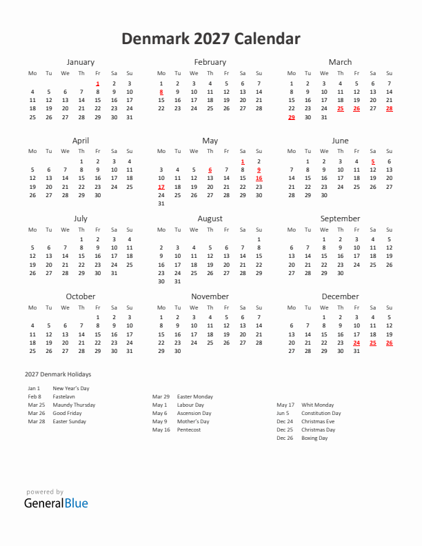 2027 Yearly Calendar Printable With Denmark Holidays