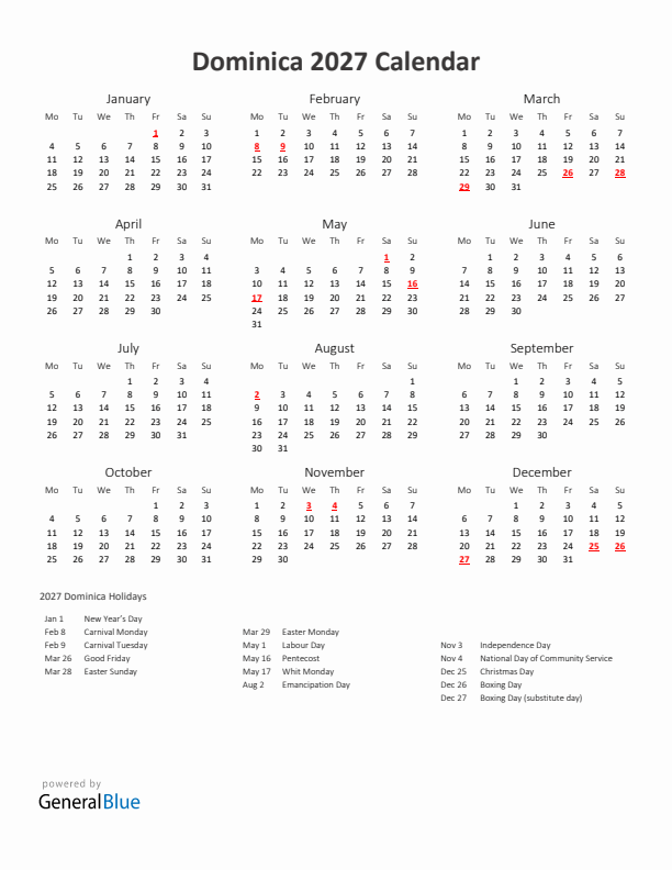 2027 Yearly Calendar Printable With Dominica Holidays