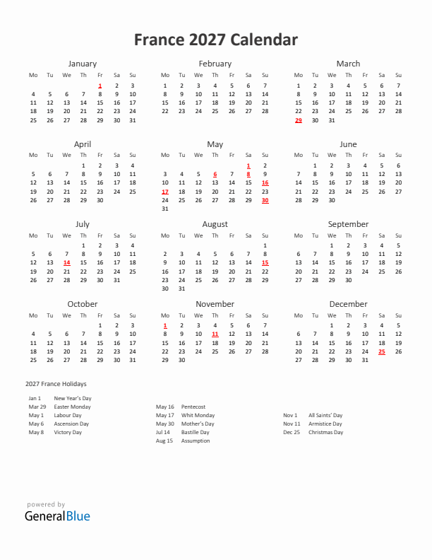 2027 Yearly Calendar Printable With France Holidays