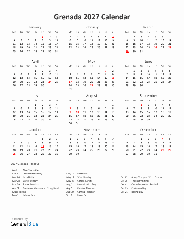 2027 Yearly Calendar Printable With Grenada Holidays