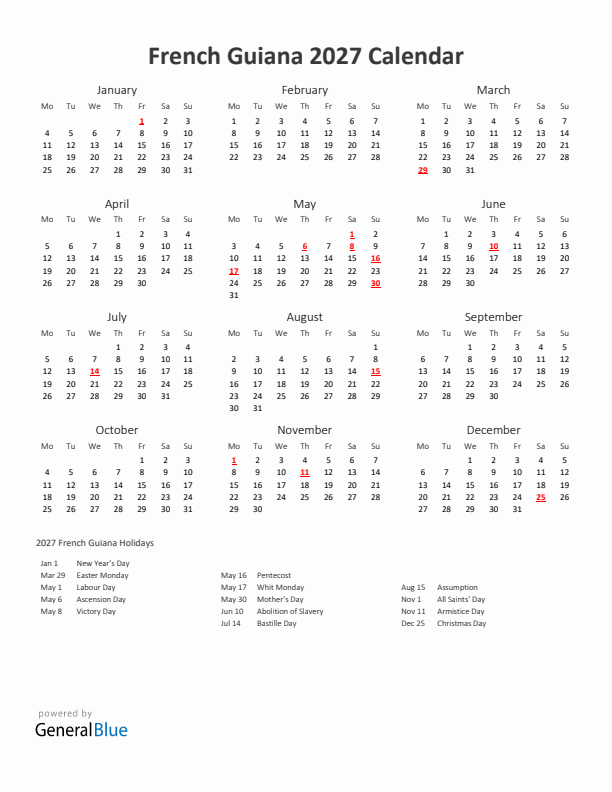 2027 Yearly Calendar Printable With French Guiana Holidays