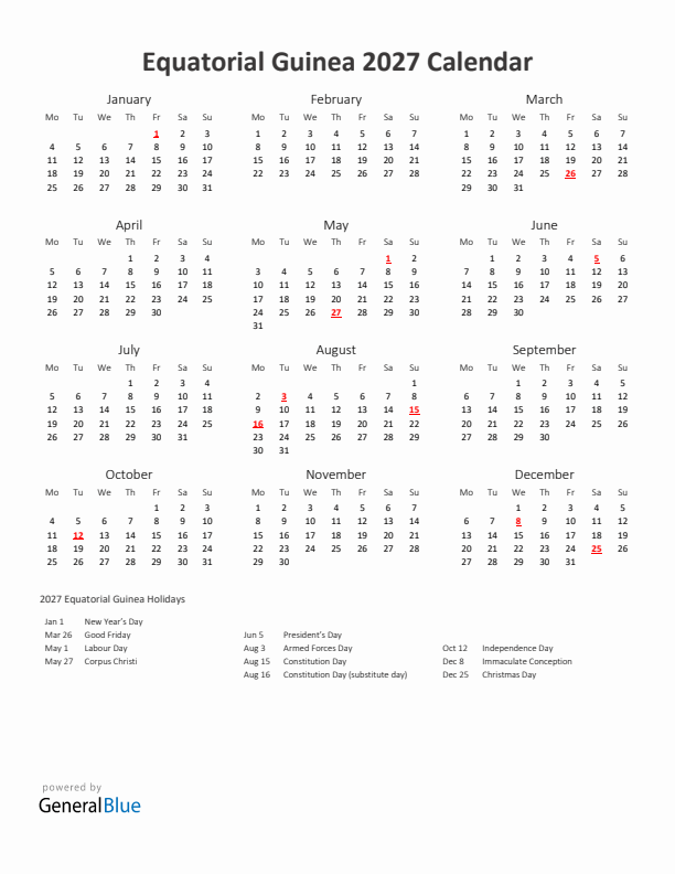 2027 Yearly Calendar Printable With Equatorial Guinea Holidays