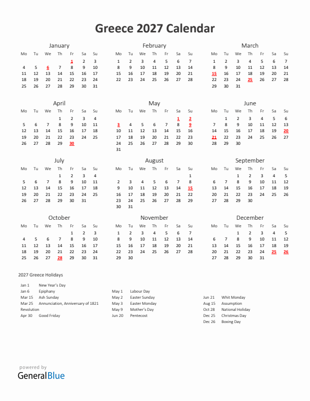 2027 Yearly Calendar Printable With Greece Holidays