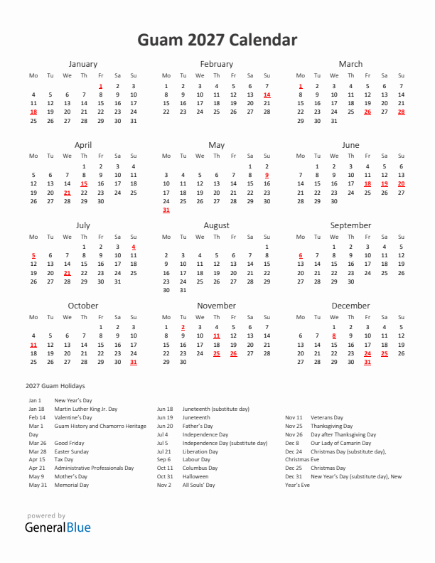 2027 Yearly Calendar Printable With Guam Holidays