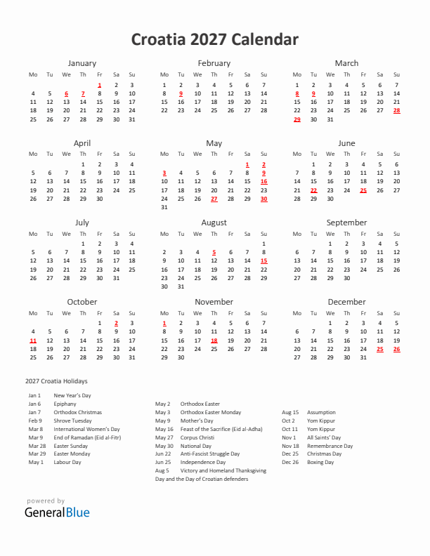 2027 Yearly Calendar Printable With Croatia Holidays