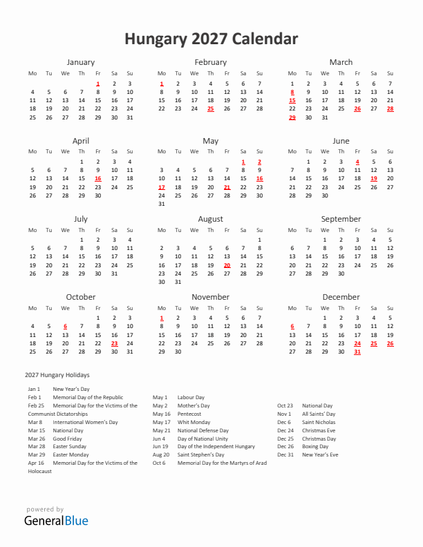 2027 Yearly Calendar Printable With Hungary Holidays