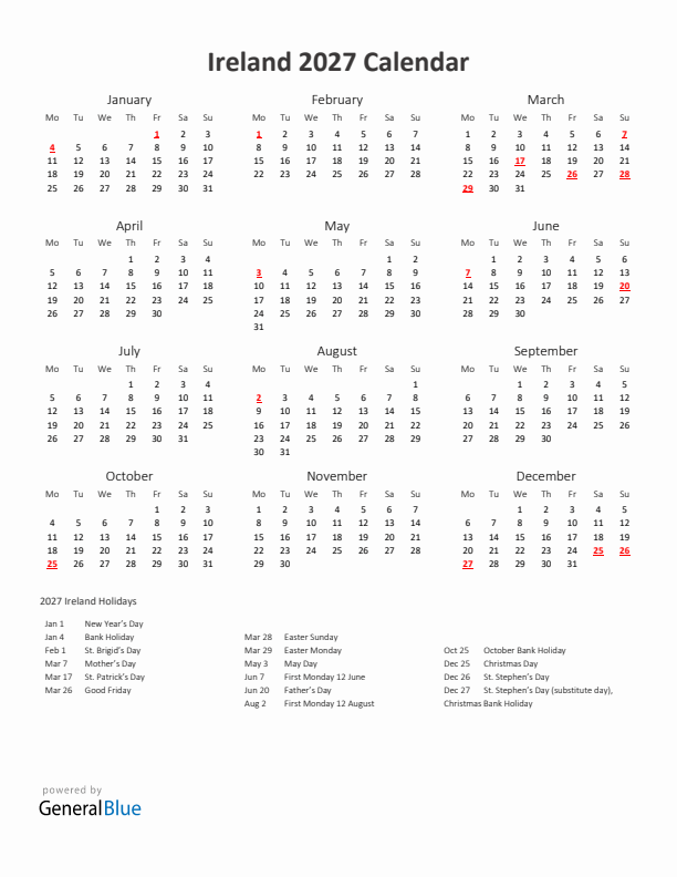 2027 Yearly Calendar Printable With Ireland Holidays