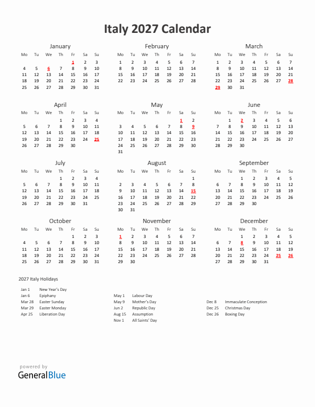 2027 Yearly Calendar Printable With Italy Holidays