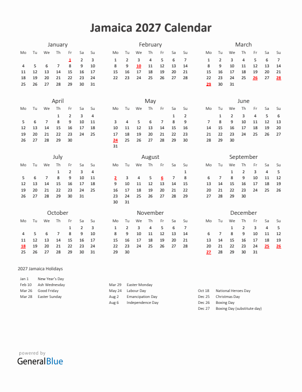 2027 Yearly Calendar Printable With Jamaica Holidays