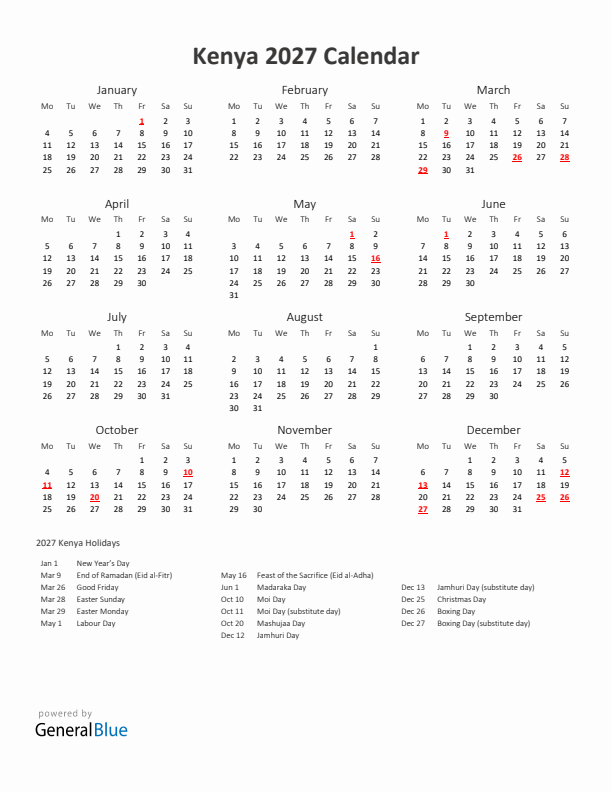 2027 Yearly Calendar Printable With Kenya Holidays