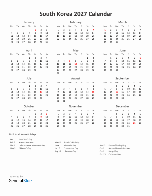 2027 Yearly Calendar Printable With South Korea Holidays