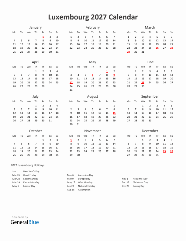 2027 Yearly Calendar Printable With Luxembourg Holidays