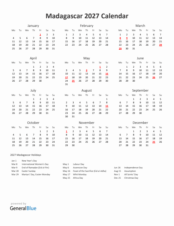 2027 Yearly Calendar Printable With Madagascar Holidays