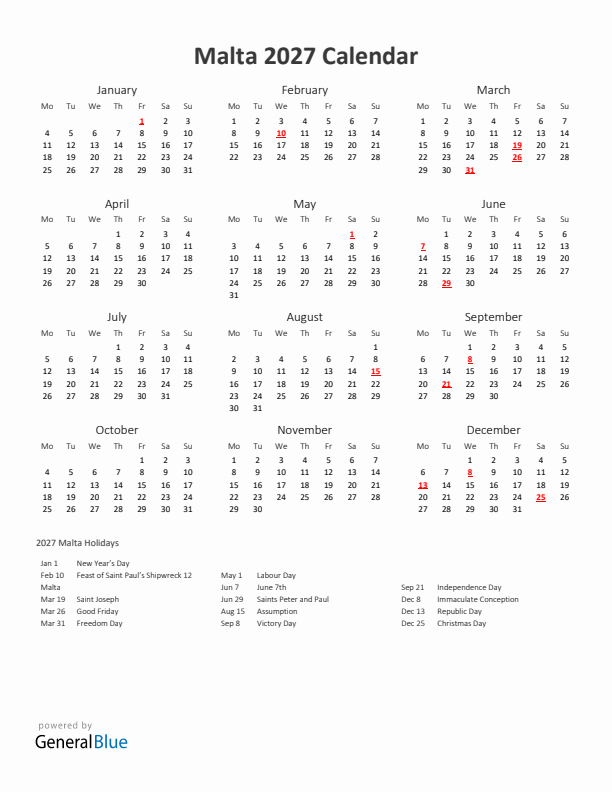 2027 Yearly Calendar Printable With Malta Holidays