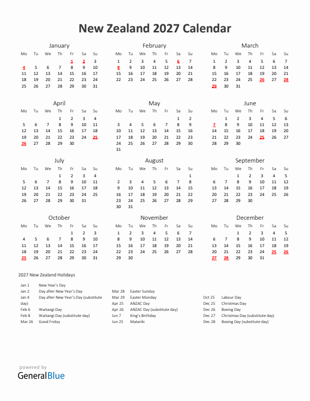 2027 Yearly Calendar Printable With New Zealand Holidays