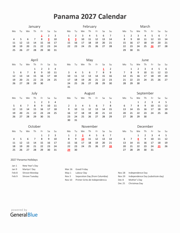 2027 Yearly Calendar Printable With Panama Holidays